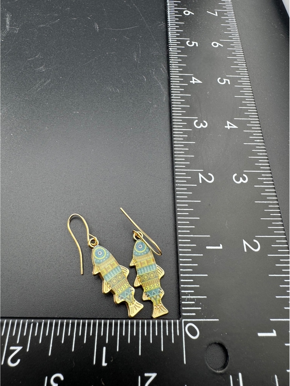 Gold and Blue Patterned Fish Hook Dangle Earrings - Picture 4 of 4